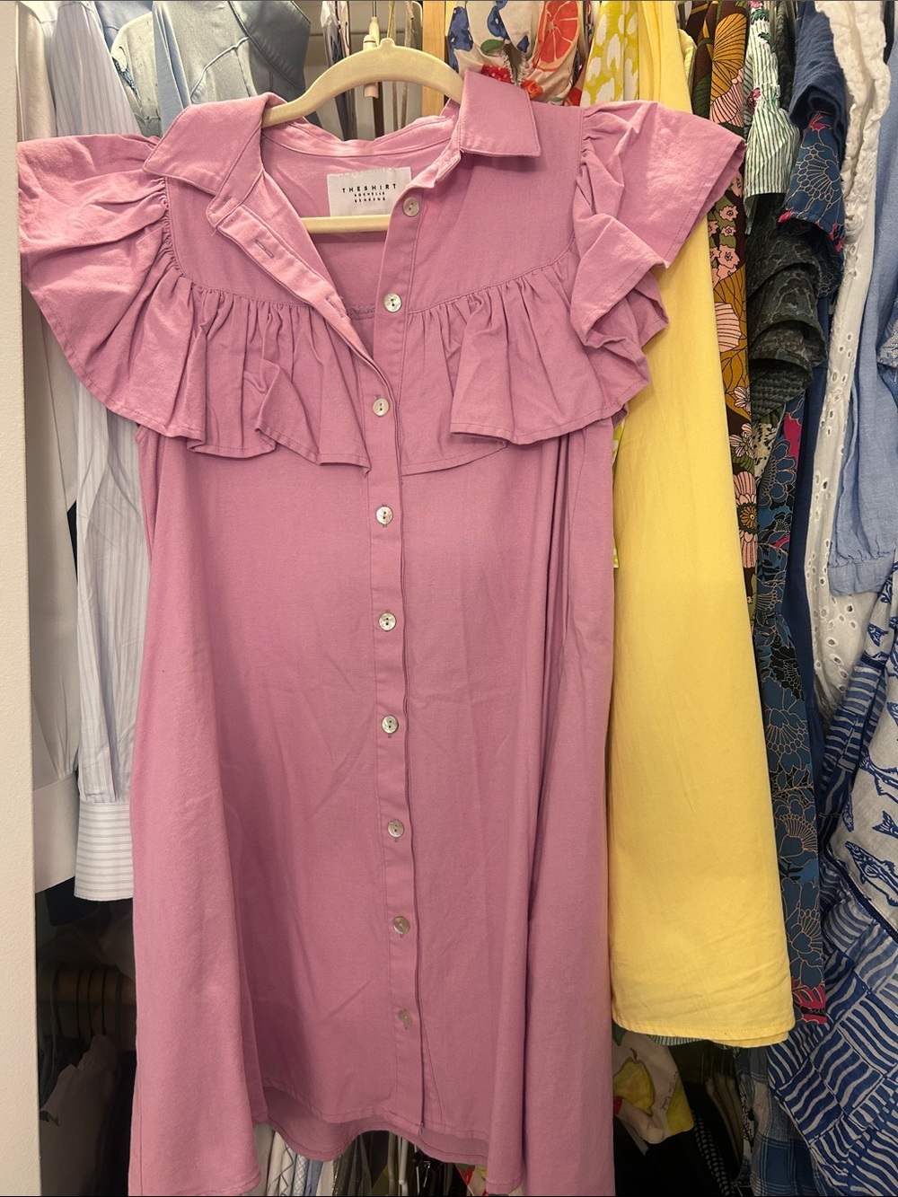 The Shirt by Rochelle Behrens Pink Ruffle-Shoulder Mini Dress